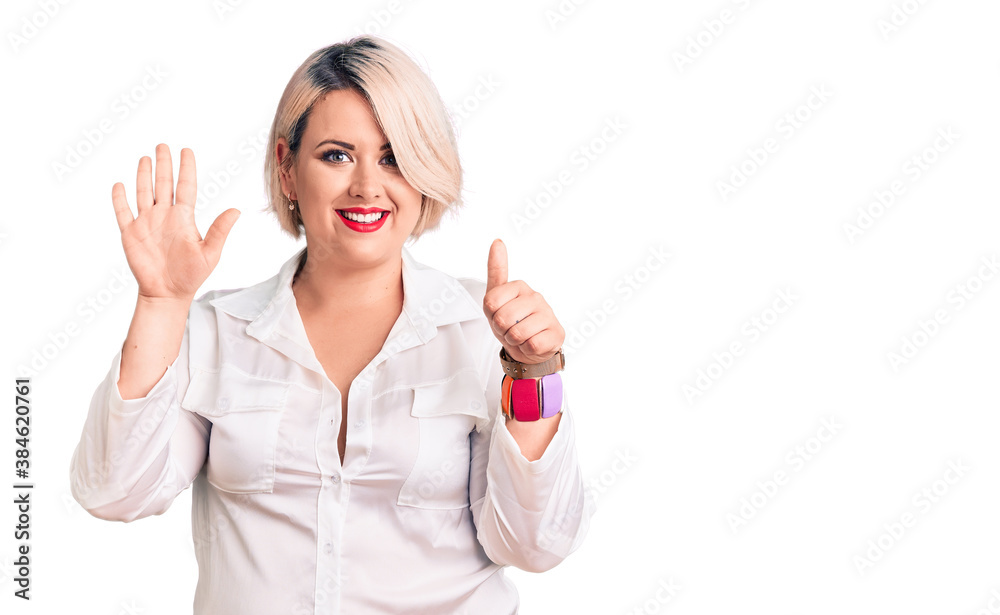 Young blonde plus size woman wearing casual shirt showing and pointing up with fingers number six while smiling confident and happy. Young blonde plus size woman wearing casual shirt showing and pointing up with fingers number six while smiling confident and happy.