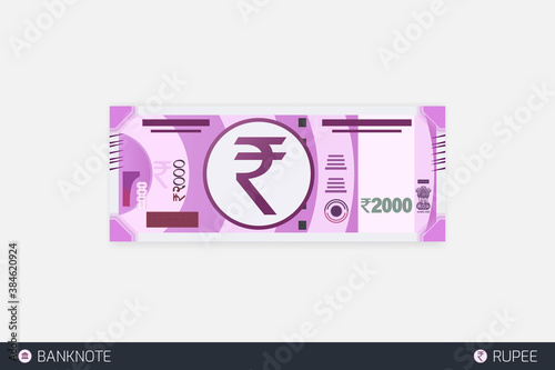 Rupee Indian currency symbol. Flat style Indian two thousand rupee vector illustration. New 2000 rupee banknote.