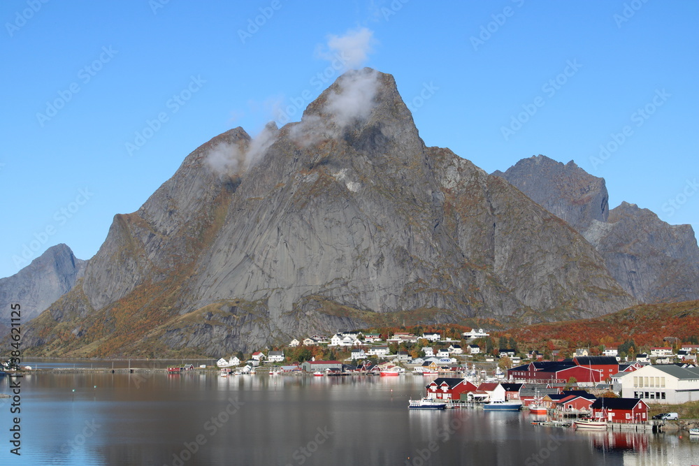 The village of Reine on Lofoten islands in Northern Norway on a clear day in autumn