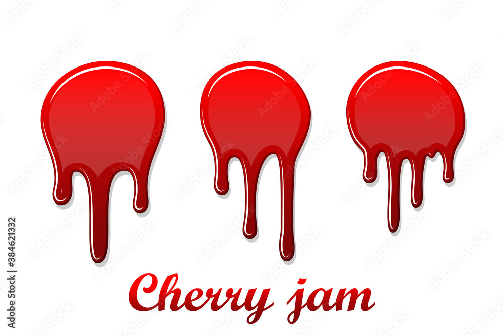 Red cherry drip confiture 3D set. Berry sweet jam spot isolated white background. Drips flowing down stain. Drop realistic design. Syrup of strawberry melted sauce. Tomato splash Vector illustration Red cherry drip confiture 3D set. Berry sweet jam spot isolated white background. Drips flowing down stain. Drop realistic design. Syrup of strawberry melted sauce. Tomato splash Vector illustration