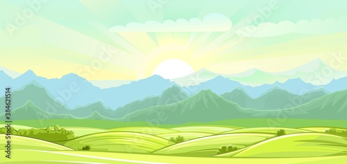 Rural hills. Scenery. Vector. Pasture grass for cows and a place for a vegetable garden and farm. Meadows and trees. Horizon. Beautiful view. Summer.