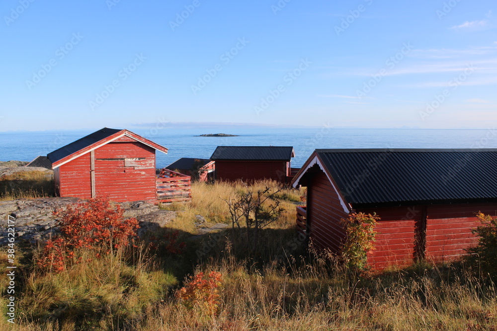 Obraz premium A beautiful Norwegian village on Lofoten Islands on a clear day in fall