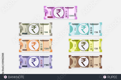 Rupee Banknotes set. Indian currency symbol. Flat style Indian 10, 20, 50, 100, 200, 500 and 2000 rupee vector illustration. New Indian Banknotes set.