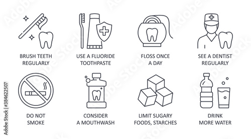 Dental health icons. 8 tips healthy teeth editable stroke. Brush teeth regularly fluoride toothpaste floss once a day see a dentist regularly. Don't smoke mouthwash limit sugary foods drink more water