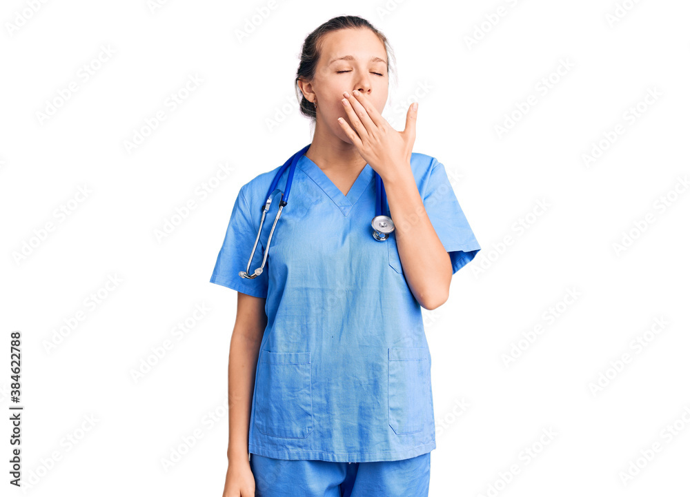 Young beautiful blonde woman wearing doctor uniform and stethoscope bored yawning tired covering mouth with hand. restless and sleepiness. Young beautiful blonde woman wearing doctor uniform and stethoscope bored yawning tired covering mouth with hand. restless and sleepiness.