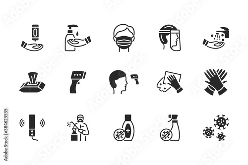 Glyph icons set about disinfection and personal protective equipment. Vector illustration antiviral actions. Black silhouette.
