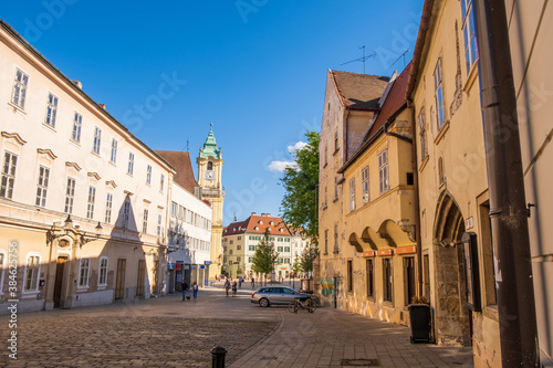 View of Frantiskanske and Hlavne namestie (Franciscan and Main Squares) in the centre of Old Town Bratislava. Popular tourist spot with nice cafes and restaurants