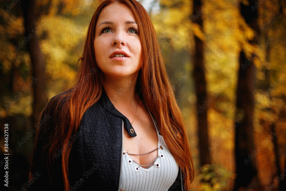 A red-haired girl in an autumn Park, against a background of yellow leaves. A red-haired girl in an autumn Park, against a background of yellow leaves.