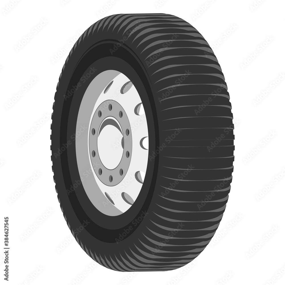 Car wheel grayscale isometry 3D illustration isolated on white background. Vector  in flat style.