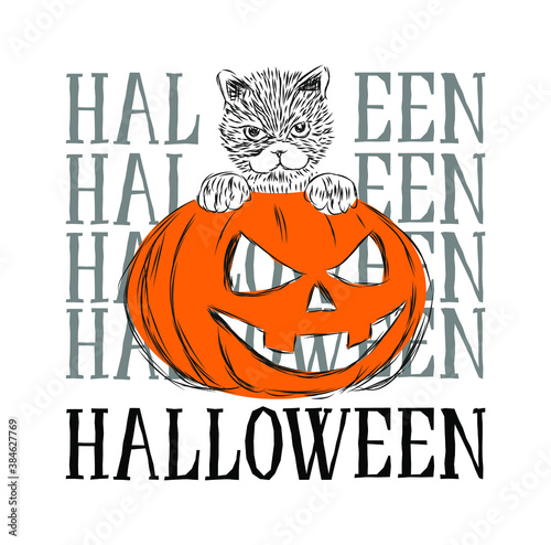 Halloween vector image in the form of a pumpkin and a black cat for use in congratulation banners or postcards