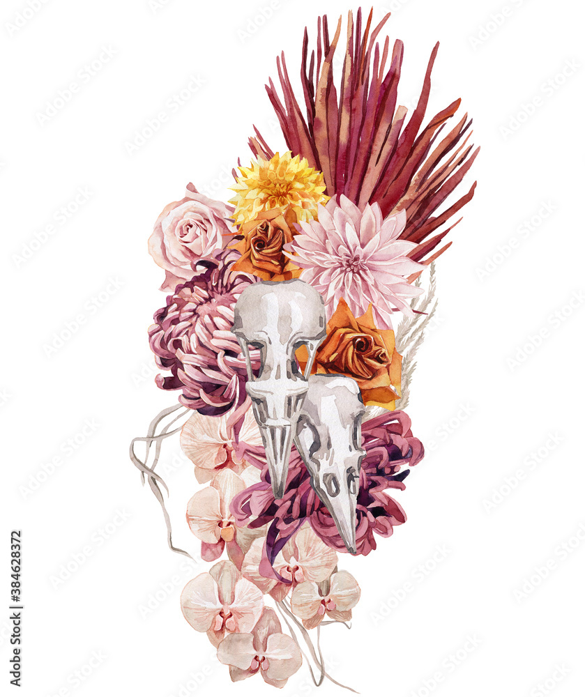 watercolor image of a bouquet with chrysanthemum, rose, palm leaf, orchid, symbol of the Mexican day of the dead. compositions with the image of Calavera Katrina, dia de los muertos