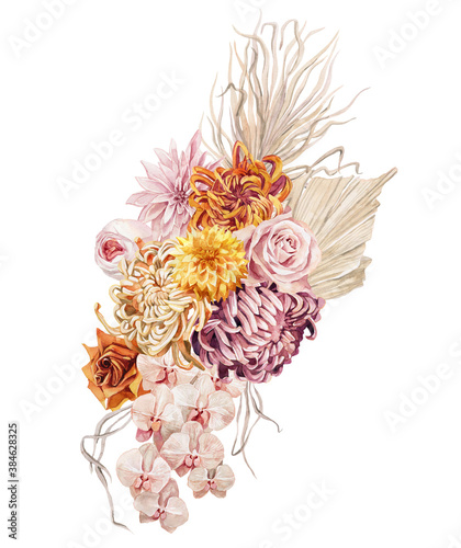 Fototapeta Naklejka Na Ścianę i Meble -  Watercolor illustration, autumn bouquet of flowers with chrysanthemum, yellow rose, palm leaves, orchids. Yellow-orange bouquet of flowers