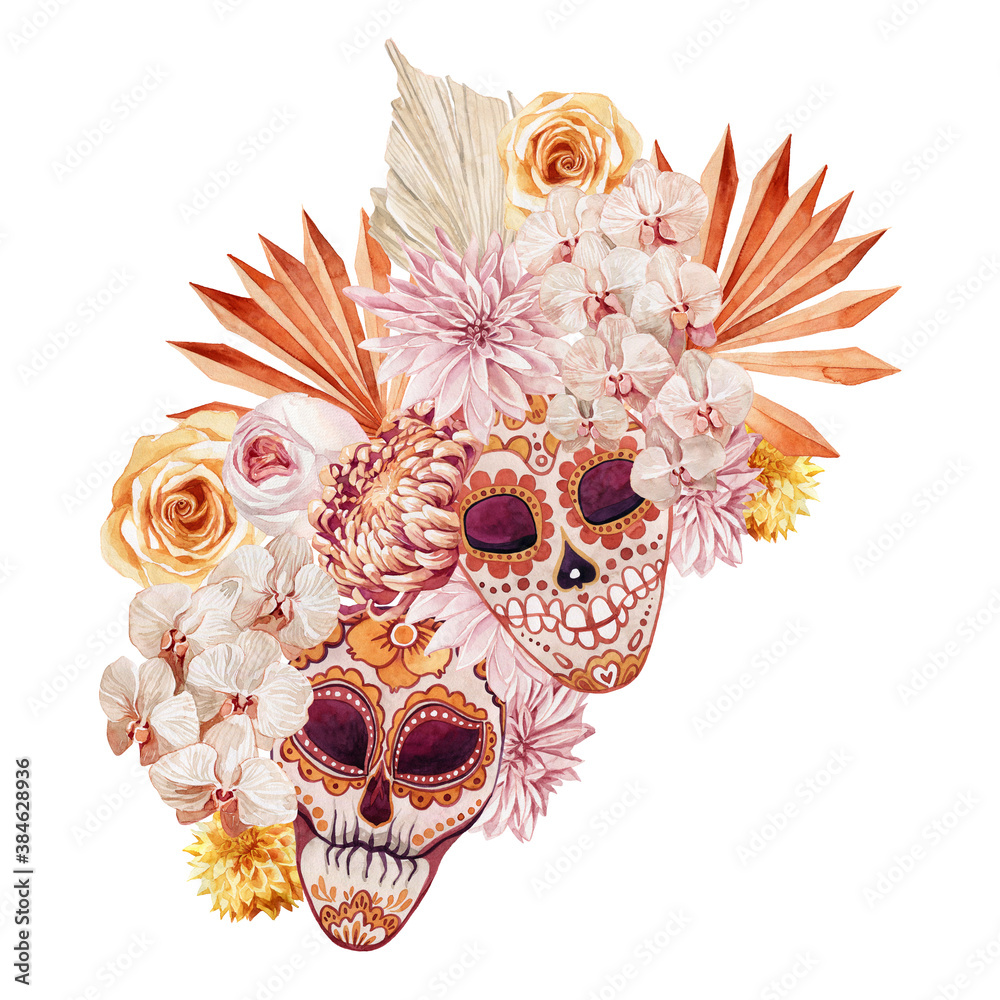 watercolor image of a bouquet with chrysanthemum, rose, palm leaf