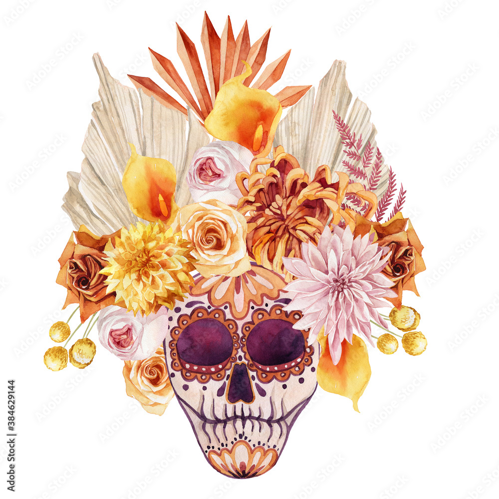 watercolor image of a bouquet with chrysanthemum, rose, palm leaf