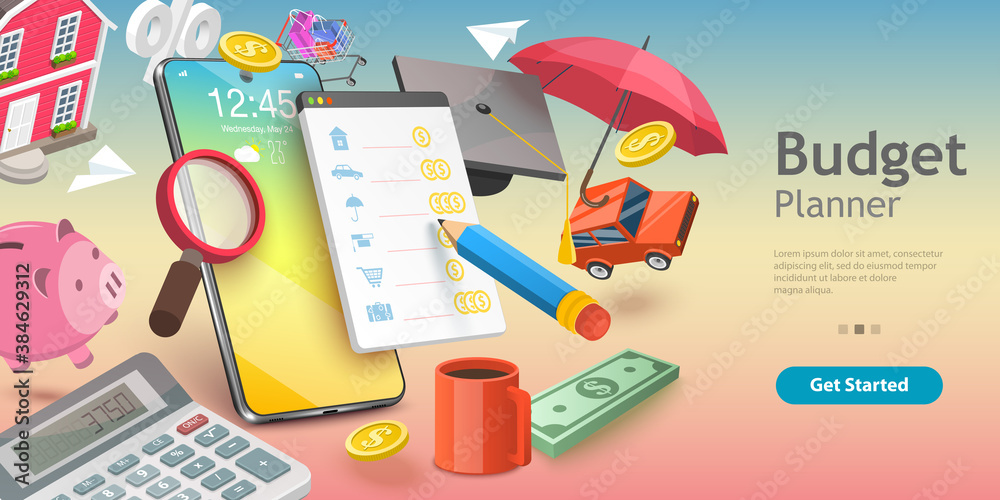 3D Vector Conceptual Illustration of Family Budget Management, Mobile App for Financial Calculations and Planning. - obrazy, fototapety, plakaty 