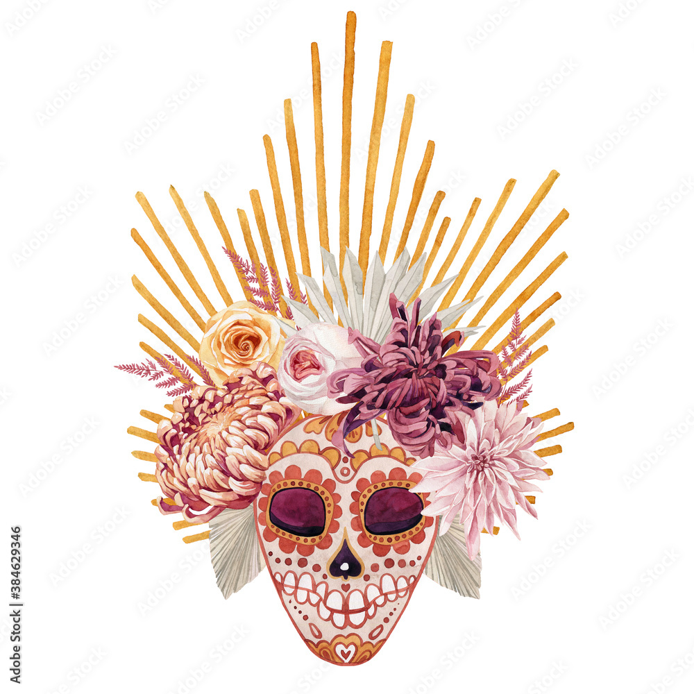 watercolor image of a bouquet with chrysanthemum, rose, palm leaf