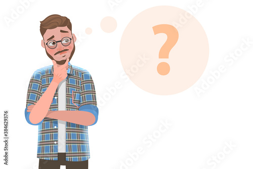 3D Flat Vector Conceptual Illustration of Handsome Bearded Man is Thinking with Question Mark Next to Him.