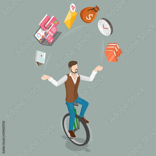 3D Isometric Flat Vector Conceptual Illustration of Successful Multitasking Businessman, Effective Business Strategy and Time Management.
