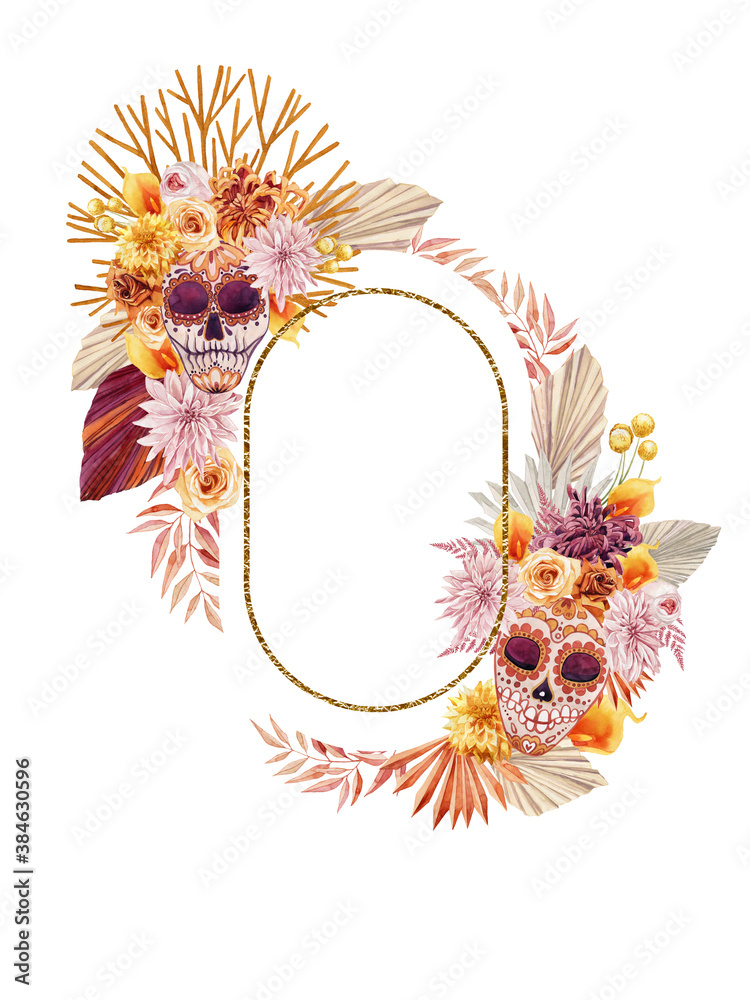 watercolor image of a bouquet with chrysanthemum, rose, palm leaf
