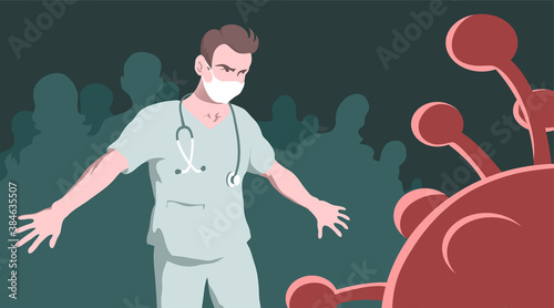 Doctor man saves people from coronavirus. Courageous hero. Vector illustration concept.