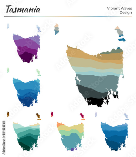 Set of vector maps of Tasmania. Vibrant waves design. Bright map of island in geometric smooth curves style. Multicolored Tasmania map for your design. Neat vector illustration.