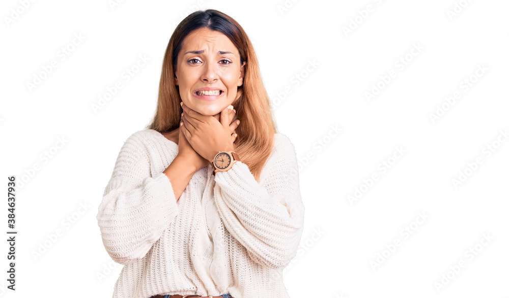 Beautiful young woman wearing casual clothes shouting and suffocate because painful strangle. health problem. asphyxiate and suicide concept. Beautiful young woman wearing casual clothes shouting and suffocate because painful strangle. health problem. asphyxiate and suicide concept.