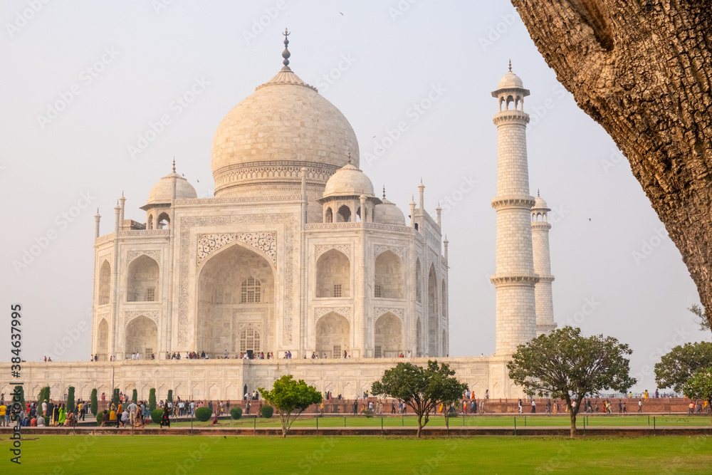Taj Mahal image at a different angle with tourists foggy sky