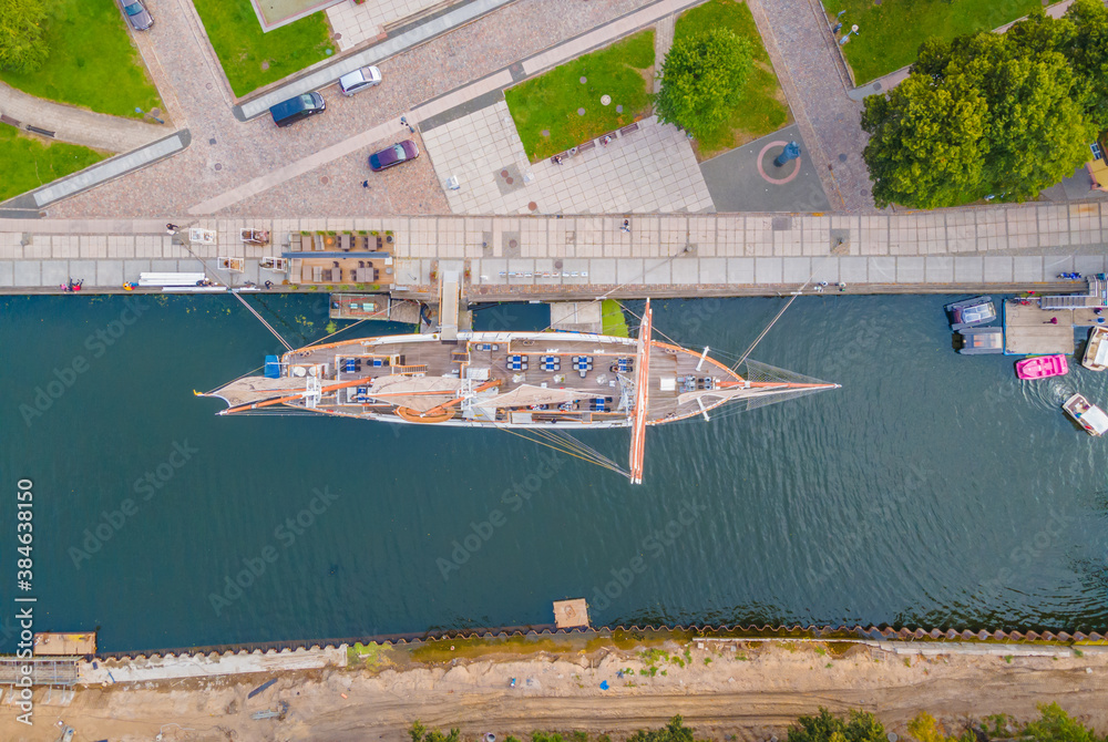 Aerial view of a sail boat called Meridianas in Klaipeda, Lithuania