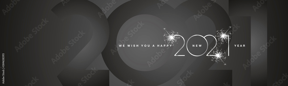 Naklejka We wish You Happy New Year 2021 silver modern design shining light typography sparkle fireworks numbers black greeting card