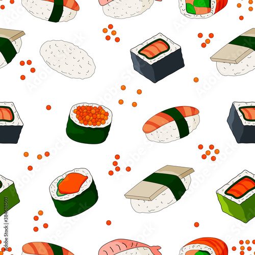 Seamless pattern of Japanese food.Sushi  sashimi rolls and fish on a white background.Flat vector illustration.