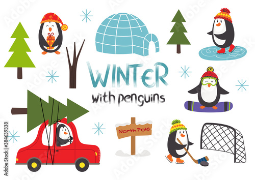 set of isolated cute penguins in winter part 1