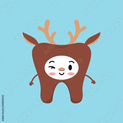 Cute Christmas tooth in deer costume with horns icon in flat cartoon style isolated on background. Happy New Year costume graphic design element vector illustration. Dental care concept.