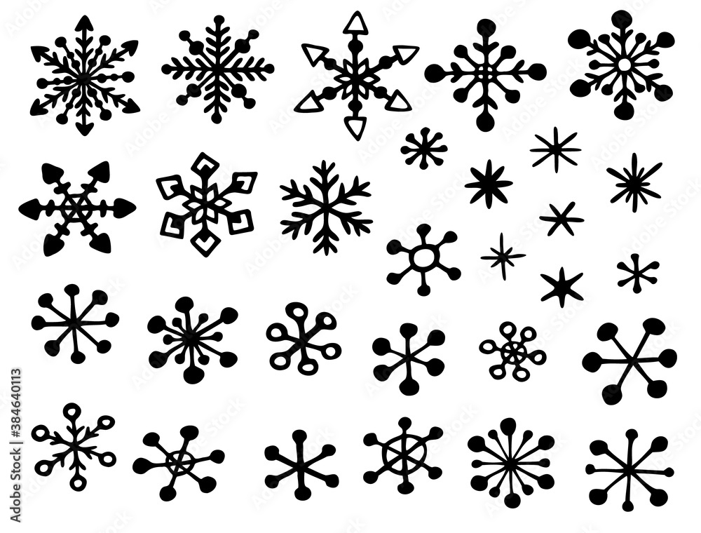 Vector set of hand drawn snowflakes. Cute doodle elements, isolated on white background