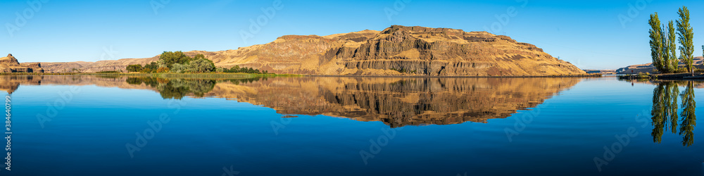 Panorama of Eroded Basalt Cliffs Reflected in the Palouse River as it Joins the Snake River in Eastern Washington