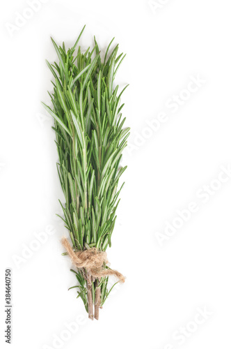 bunch of rosemary tied with scourge isolated on white background