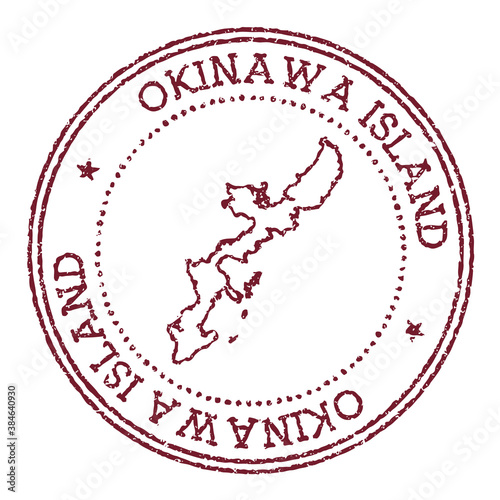 Okinawa Island round rubber stamp with island map. Vintage red passport stamp with circular text and stars, vector illustration.