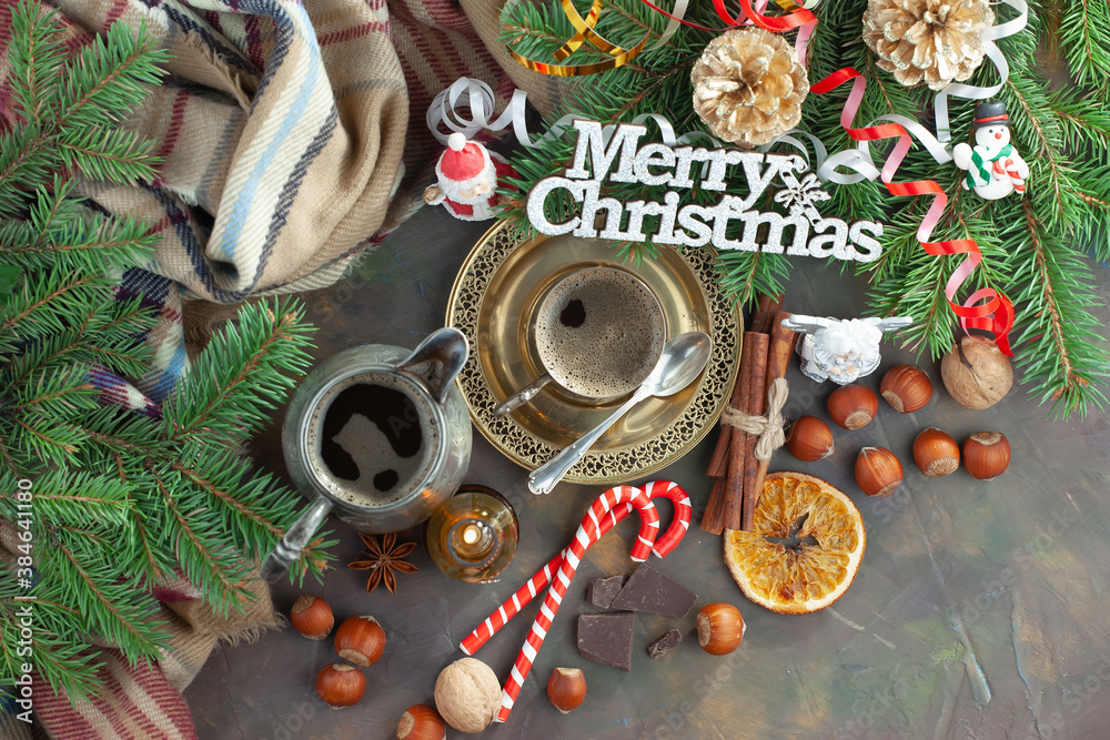 Merry Christmas, postcard with gifts and Christmas decorations.