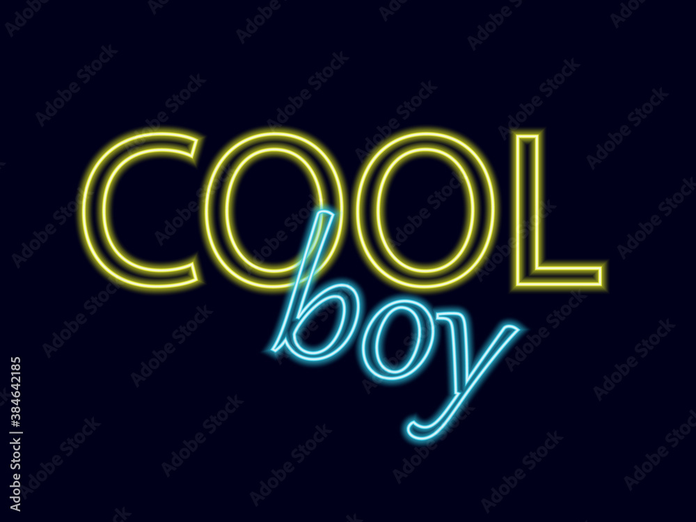 Neon inscription cool boy on a dark background. Neon lettering for design. - obrazy, fototapety, plakaty 