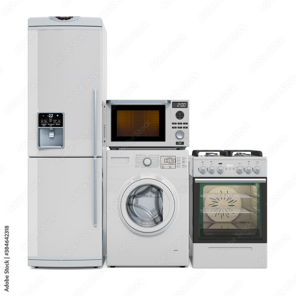 Fototapeta premium Kitchen appliances. Washing machine, fridge, gas range, microwave oven. 3D rendering