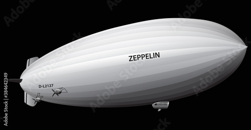 Vintage airship Zeppelin. Dirigible balloon. Black background. Vector illustration