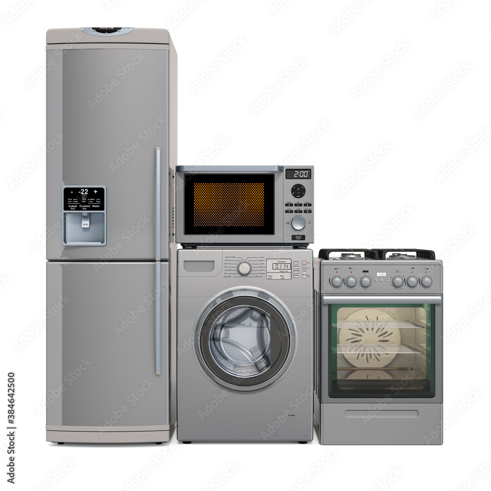 Fototapeta premium Set of silver kitchen appliances. Washing machine, fridge, gas range, microwave oven. 3D rendering
