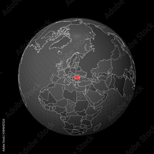 Dark globe centered on Romania. Country highlighted with red color on world map. Satellite world projection. Amazing vector illustration.