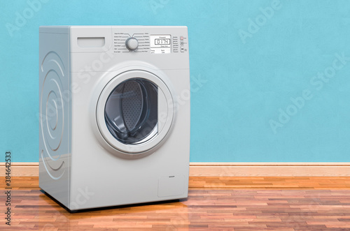 Washing machine in room on the wooden floor, 3D rendering