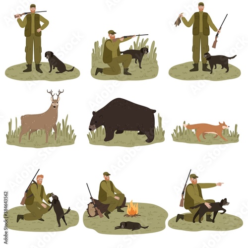 Valokuva Set of men hunters in dark green costume hunting with dog on nature