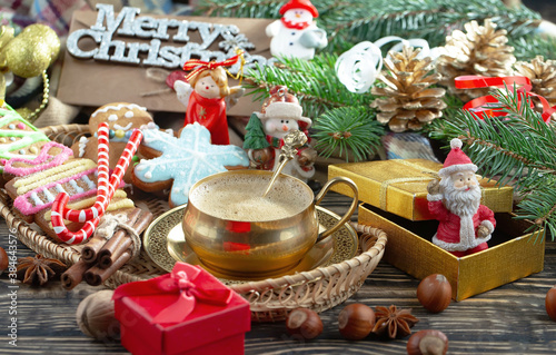 Merry Christmas  postcard with gifts and Christmas decorations.