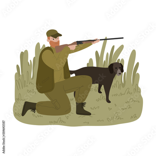 Man hunter hunting with gun on nature outdoors with dog