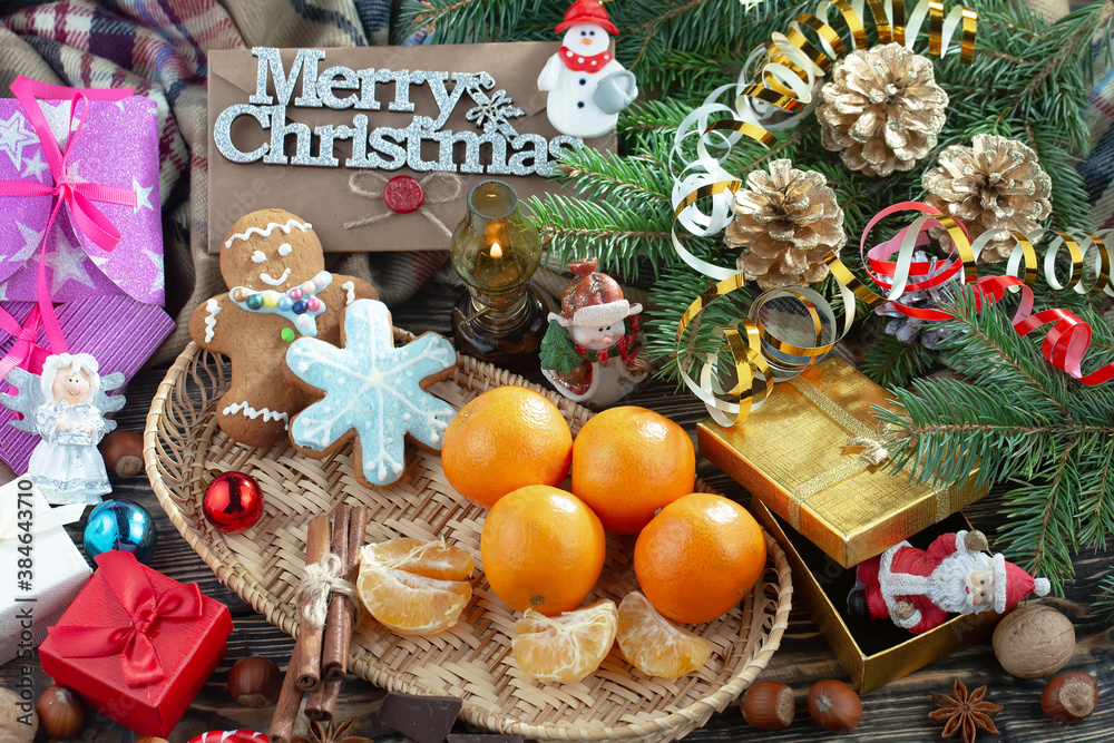 Merry Christmas, postcard with gifts and Christmas decorations.