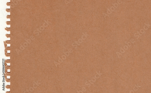 Closeup torn brown paper on grunge white paper texture background. Rip Paper note ,brown paper sheet with space for text ,pattern or abstract background.Hi resolution image.