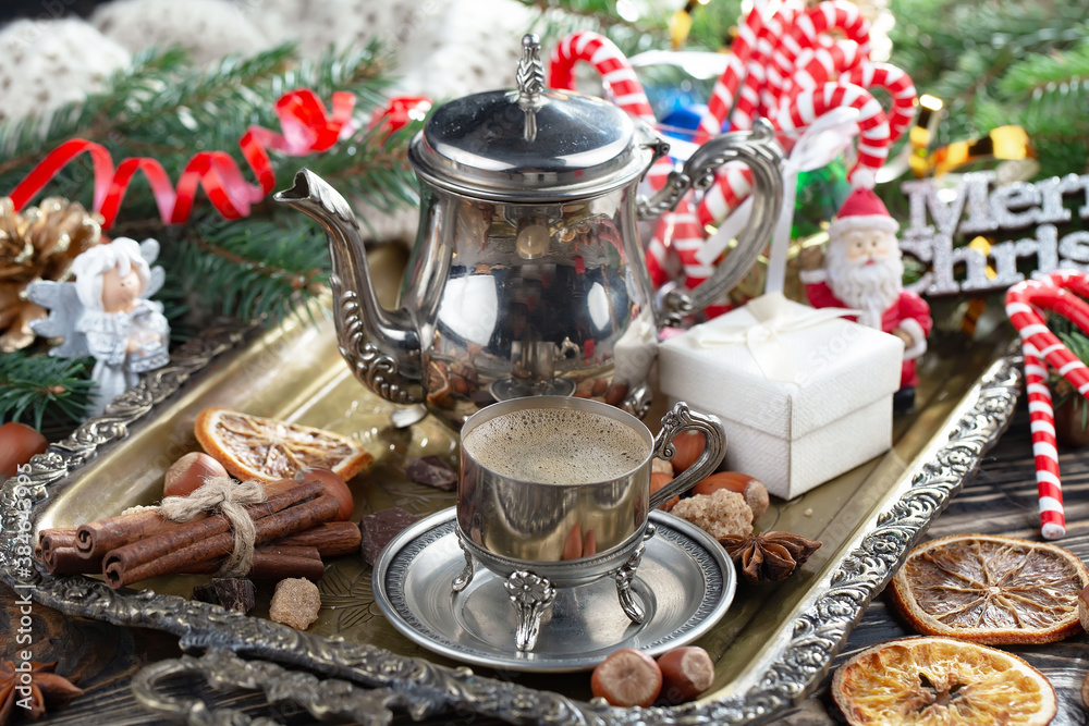 Merry Christmas, postcard with gifts and Christmas decorations. Merry Christmas, postcard with gifts and Christmas decorations.