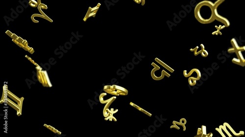 Golden Zodiac Symbols are falling on a black background. Looped Seamless Video. Luma Matte Transition. Alpha Channel Mask. Soft focus.